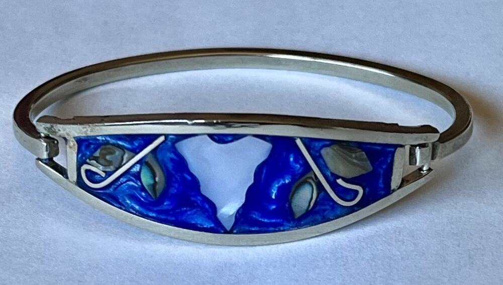 Vintage Alpaca Mexico Blue Abalone Inlay Hinged Bangle Bracelet Silver 5.5
